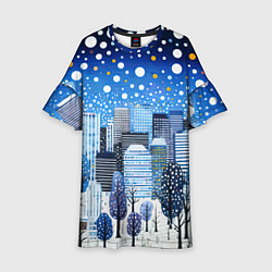 Платье клеш для девочки Новогодний синий ночной город, цвет: 3D-принт