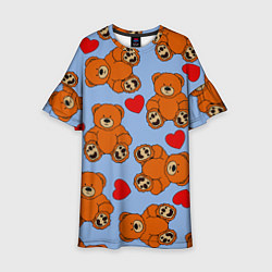 Платье клеш для девочки Мишки и сердца на голубом фоне, цвет: 3D-принт