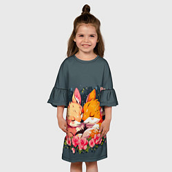 Платье клеш для девочки Милые лисички в цветах, цвет: 3D-принт — фото 2