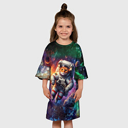 Платье клеш для девочки Котик бравый космонавт - неон, цвет: 3D-принт — фото 2