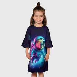 Платье клеш для девочки Полёт капибары в космосе - неон, цвет: 3D-принт — фото 2