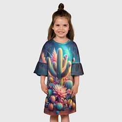 Платье клеш для девочки Кактусы цветущие под космическим небом, цвет: 3D-принт — фото 2