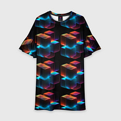 Платье клеш для девочки Разноцветные неоновые кубы, цвет: 3D-принт
