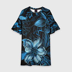 Платье клеш для девочки Синие цветы абстракции, цвет: 3D-принт
