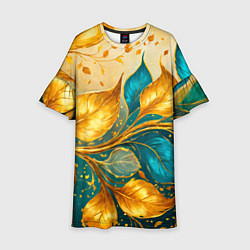 Платье клеш для девочки Листья абстрактные золото и бирюза, цвет: 3D-принт