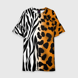 Платье клеш для девочки Леопардовые пятна с полосками зебры, цвет: 3D-принт