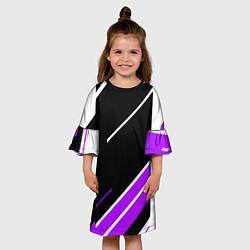 Платье клеш для девочки Бело-фиолетовые полосы на чёрном фоне, цвет: 3D-принт — фото 2