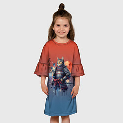 Платье клеш для девочки Кот самурай - бусидо, цвет: 3D-принт — фото 2