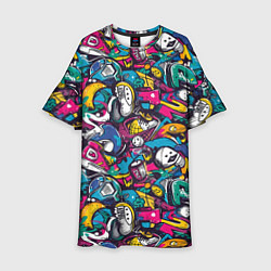 Платье клеш для девочки Граффити спортивные принадлежности, цвет: 3D-принт