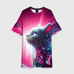 Платье клеш для девочки Космический кибер котёнок - неоновое свечение, цвет: 3D-принт