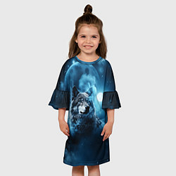 Платье клеш для девочки Волк ночное синее небо, цвет: 3D-принт — фото 2