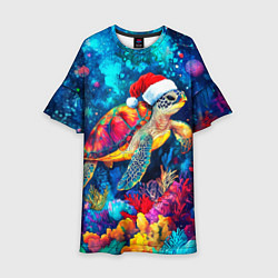 Платье клеш для девочки Морская черепаха в шапке Санты, цвет: 3D-принт