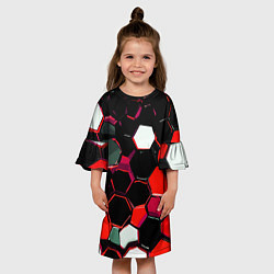 Платье клеш для девочки Красно-белые шестиугольники на чёрном фоне, цвет: 3D-принт — фото 2