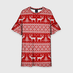 Платье клеш для девочки Вязаный новогодний орнамент с оленями и ёлками, цвет: 3D-принт