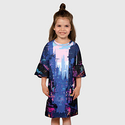 Платье клеш для девочки Киберпанк город розовый, цвет: 3D-принт — фото 2
