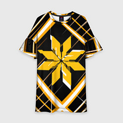 Платье клеш для девочки Жёлто-белая звезда и полосы на чёрном фоне, цвет: 3D-принт