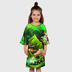 Платье клеш для девочки Природа Японии в зеленых цветах, цвет: 3D-принт — фото 2