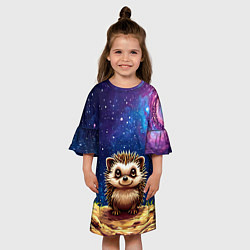 Платье клеш для девочки Ежик и звездное небо, цвет: 3D-принт — фото 2