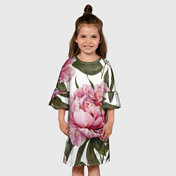 Платье клеш для девочки Розовые пионы на белом, цвет: 3D-принт — фото 2