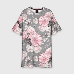 Платье клеш для девочки Розовые розы на сером, цвет: 3D-принт