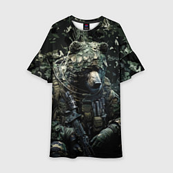 Платье клеш для девочки Медведь снайпер в лиственном камуфляже, цвет: 3D-принт