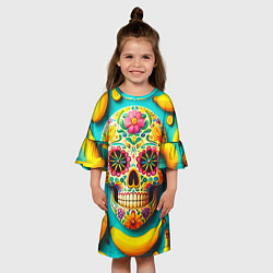 Платье клеш для девочки Череп и бананы - летняя композиция, цвет: 3D-принт — фото 2