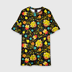 Платье клеш для девочки Хохлома цветы, цвет: 3D-принт