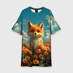 Платье клеш для девочки Лисица в цветочном поле, цвет: 3D-принт