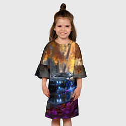 Платье клеш для девочки BMW синие неоновые фары, цвет: 3D-принт — фото 2