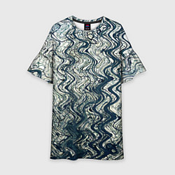 Платье клеш для девочки Бело-синий искажённые абстрактные линии, цвет: 3D-принт