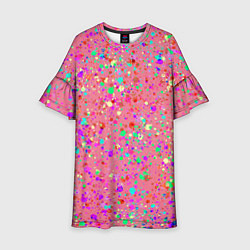 Платье клеш для девочки Розовый с разноцветными брызгами, цвет: 3D-принт