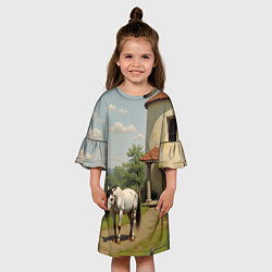 Платье клеш для девочки Старый домик и лошадь, цвет: 3D-принт — фото 2