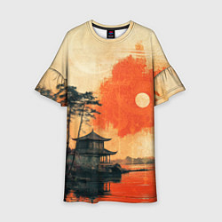 Платье клеш для девочки Рыбацкий дом на закате, цвет: 3D-принт