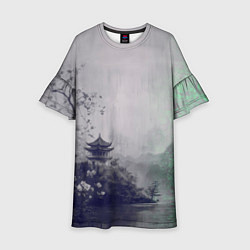 Платье клеш для девочки Рыбацкий домик на берегу озера, цвет: 3D-принт