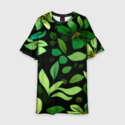 Детское платье Чёрный с зелёными крупными цветами