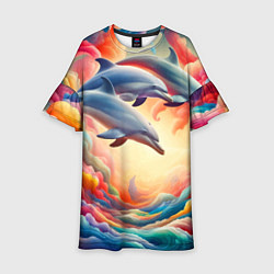Платье клеш для девочки Три небесных дельфина - нейроарт фантазия, цвет: 3D-принт