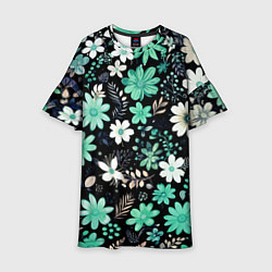 Платье клеш для девочки Чёрный в зелёный цветочек стилизованный, цвет: 3D-принт