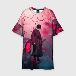 Платье клеш для девочки Одинокий самурай среди бабочек, цвет: 3D-принт