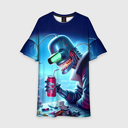 Платье клеш для девочки Кибер Бендер пьёт лимонад - неоновое свечение, цвет: 3D-принт