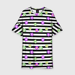 Платье клеш для девочки Фиолетовые зеленый цветы на черно белом полосатом, цвет: 3D-принт