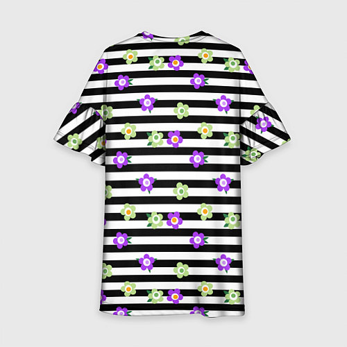 Детское платье Фиолетовые зеленый цветы на черно белом полосатом / 3D-принт – фото 2
