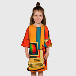 Платье клеш для девочки Кот и винтажный компьютер ретрофутуризм поп-арт 19, цвет: 3D-принт — фото 2