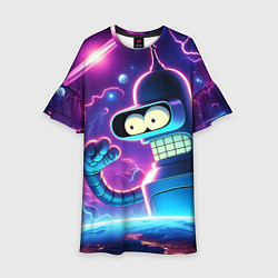 Платье клеш для девочки Bender in neon space - cartoon Futurama, цвет: 3D-принт