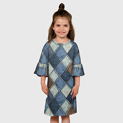 Платье клеш для девочки Джинсовый пэчворк ромбовый узор, цвет: 3D-принт — фото 2