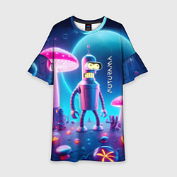 Платье клеш для девочки Робот-сгибальщик Бендер и неоновые грибы, цвет: 3D-принт