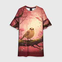 Платье клеш для девочки Желтая птица в розовом цветущем лесу, цвет: 3D-принт