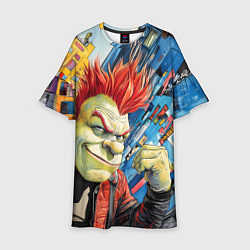 Платье клеш для девочки Панк Шрек на фоне домов, цвет: 3D-принт