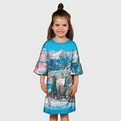 Платье клеш для девочки Новогодняя деревушка в горах, цвет: 3D-принт — фото 2