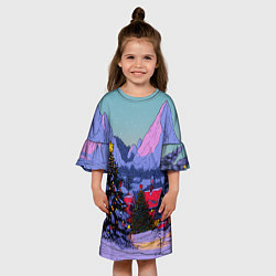 Платье клеш для девочки Новогодние елки в горном городке, цвет: 3D-принт — фото 2