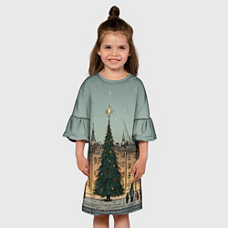Платье клеш для девочки Новогодняя елка во дворе, цвет: 3D-принт — фото 2
